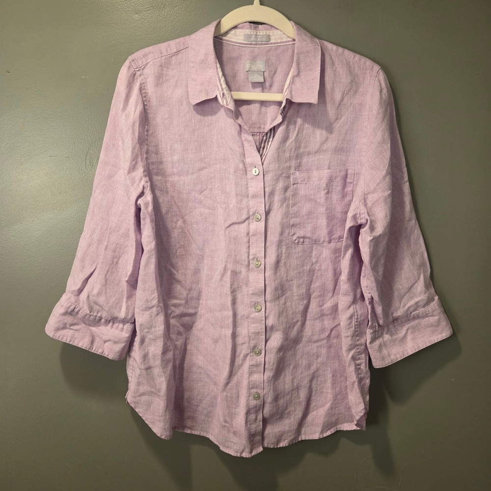 Chico's 100% Linen Button Up Shirt 3/4 Sleeves, Size 2 Women's 12/14, Lavender - Picture 3 of 10